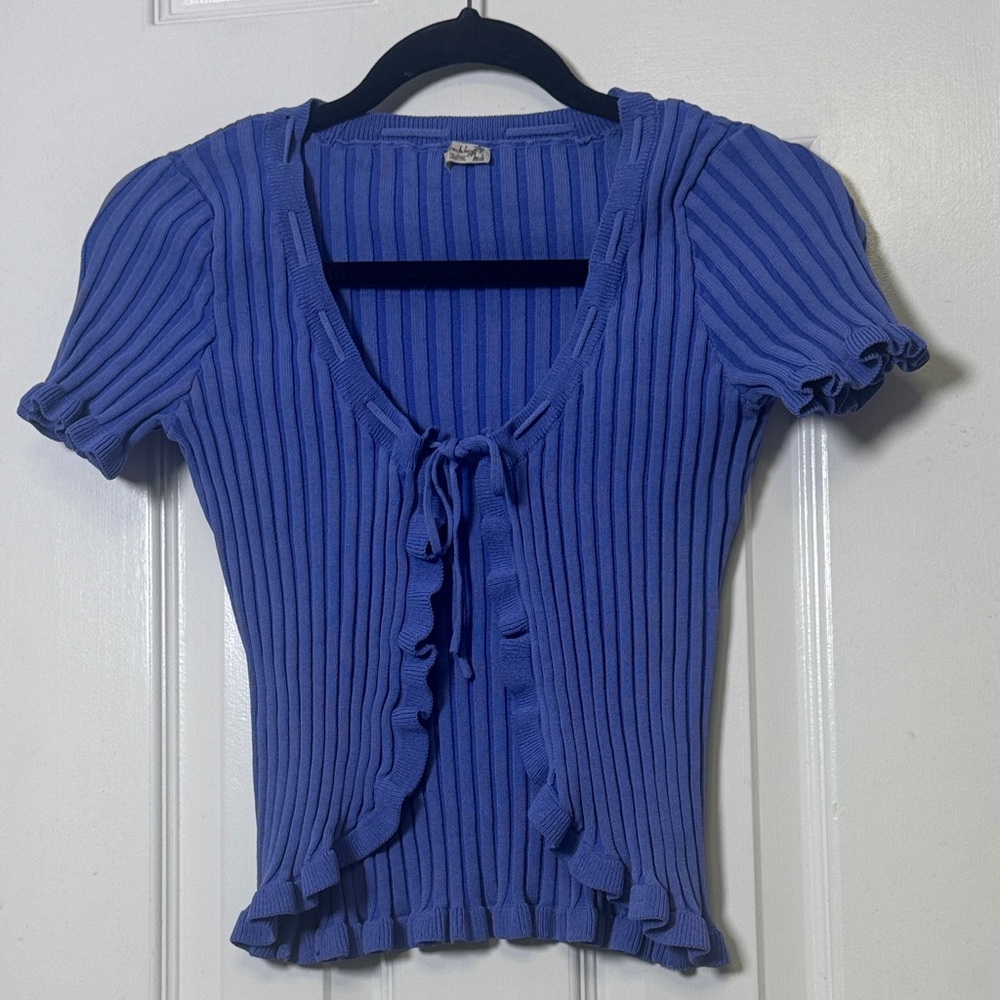 Intimately Free People Blue Ribbed Knit Ruffle Tie Front Short Sleeve Top XS - Picture 2 of 8